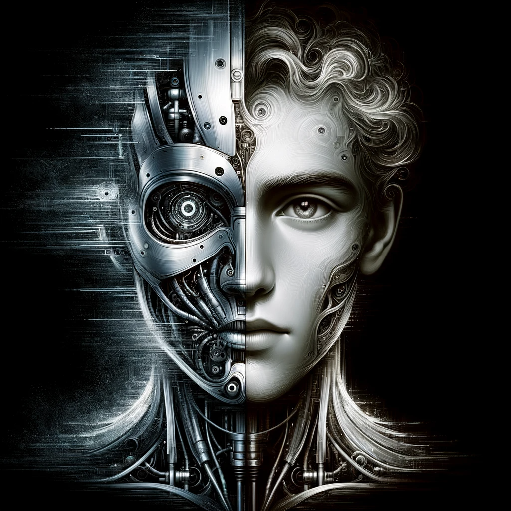 DALL-E 3 提示词：“an abstract image of a human morphing into a robot, in which the human features appear organic”